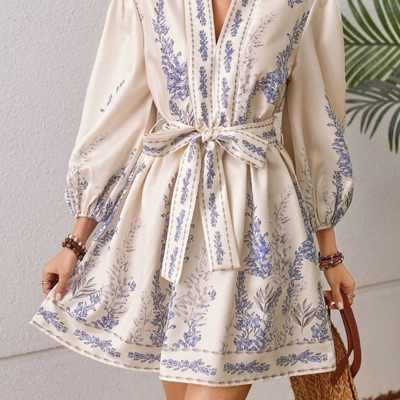 Multicolor Boho Women's Women's Lantern Sleeve Belted V-Neck Dress - Picture 3 of 5